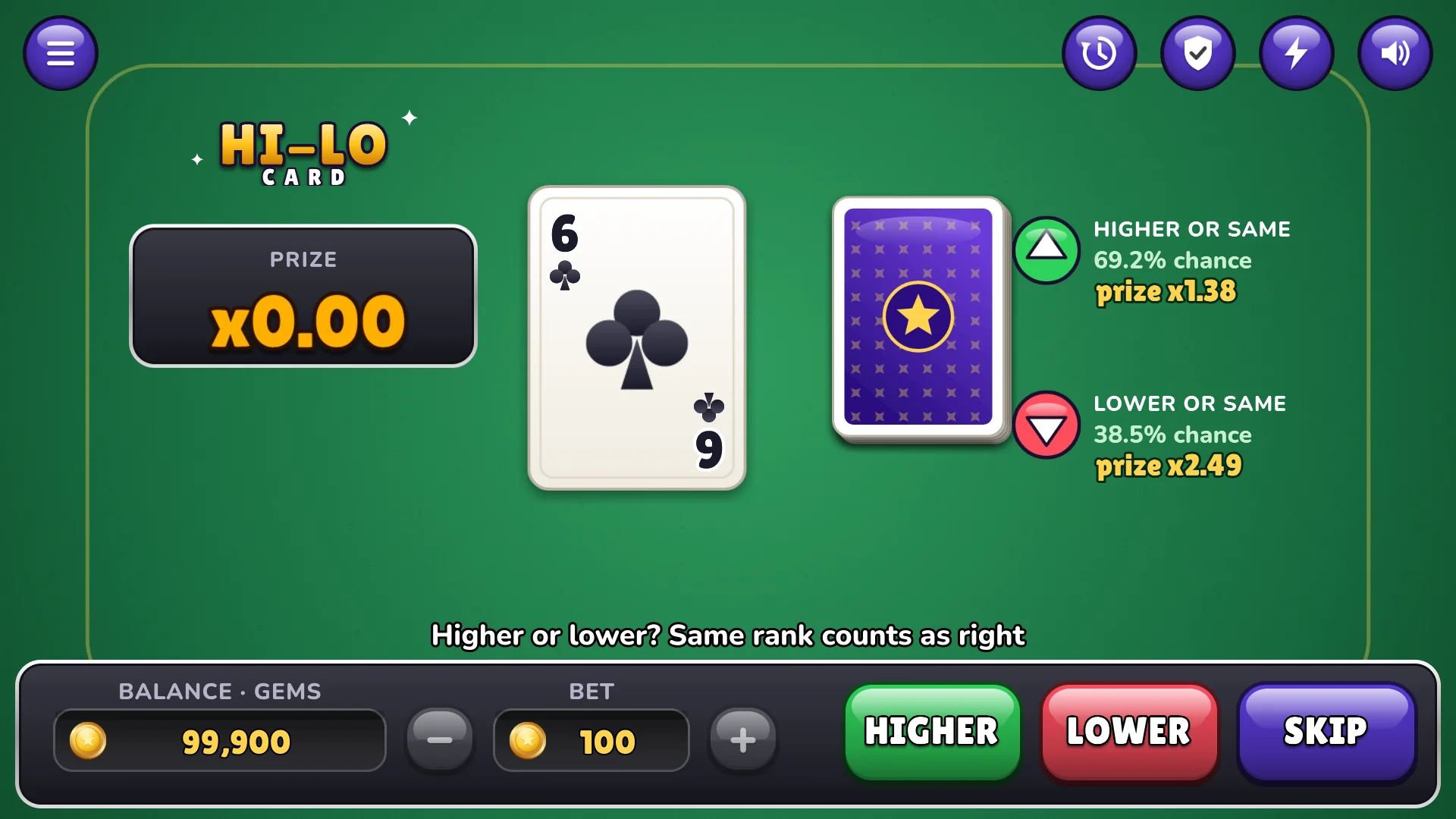Each side shows its chance and prize before you guess