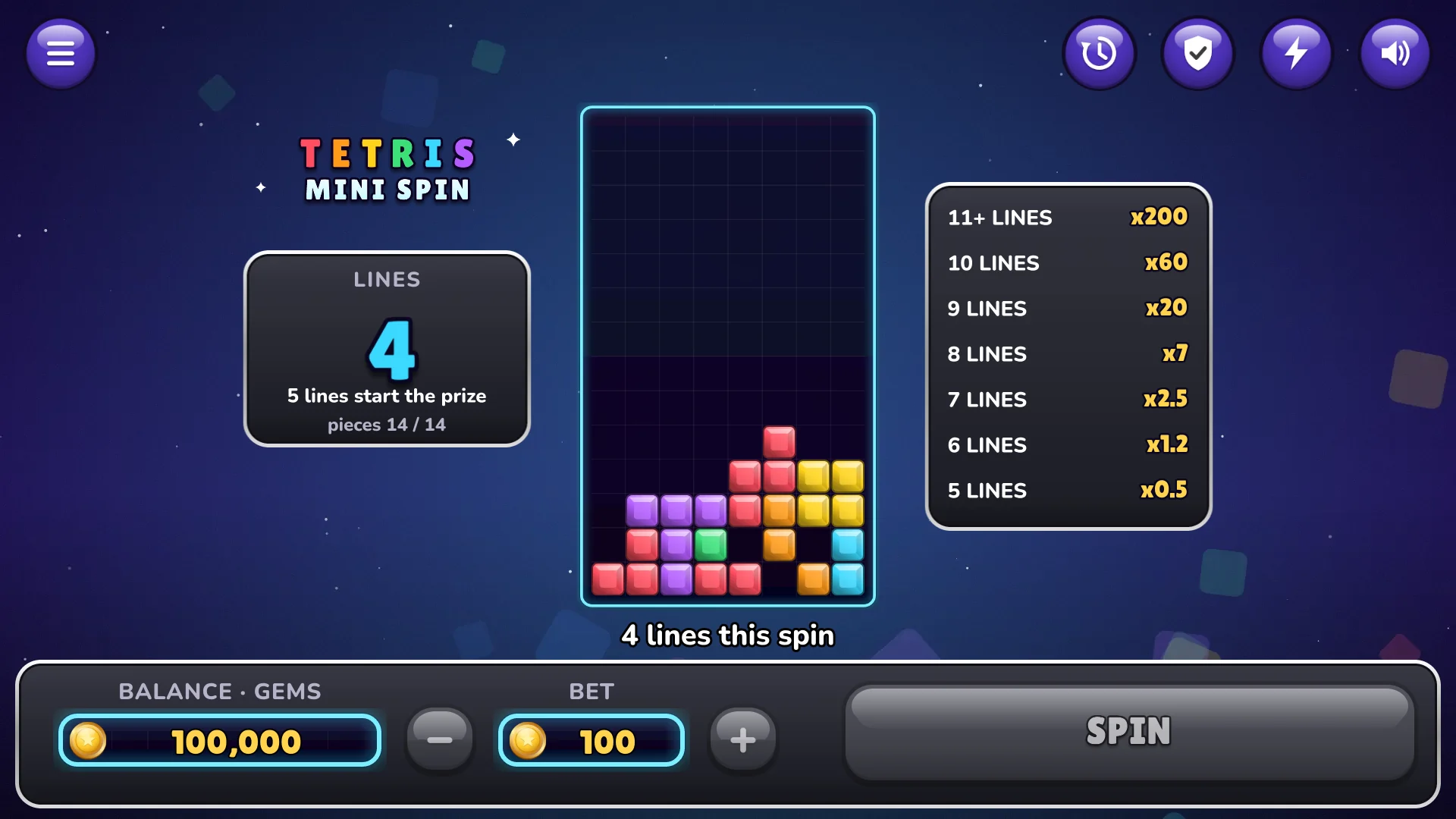 Clear at least five lines to win